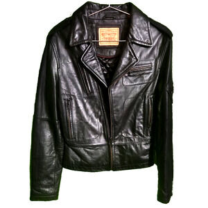LEVI STRAUSS Co. BLACK LEATHER MOTORCYCLE BIKER JACKET-WOMEN-M -5 POCKET